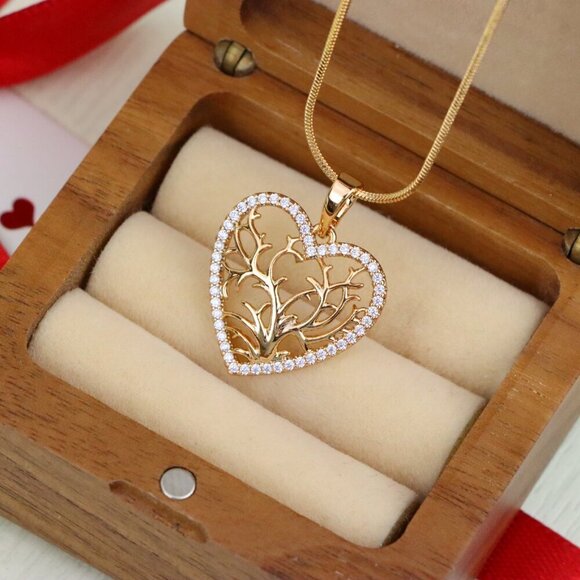 "Rose Gold Heart Pendant with Tree of Life Design and Crystal Border, XPPT1480 - Picture 2 of 12